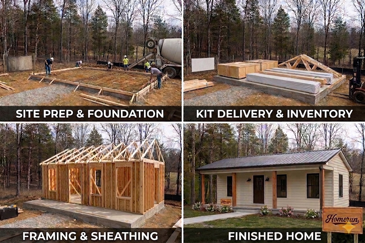 Wood frame house kit construction stages: site prep, kit delivery, framing, and finished home